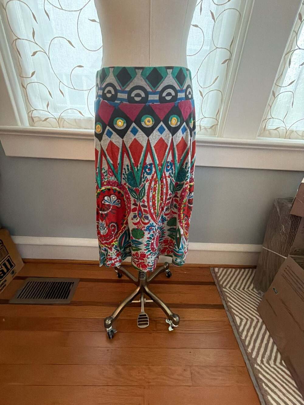 Desigual Geometric Multicolor Print Embellished A-line Knit Skirt size M
